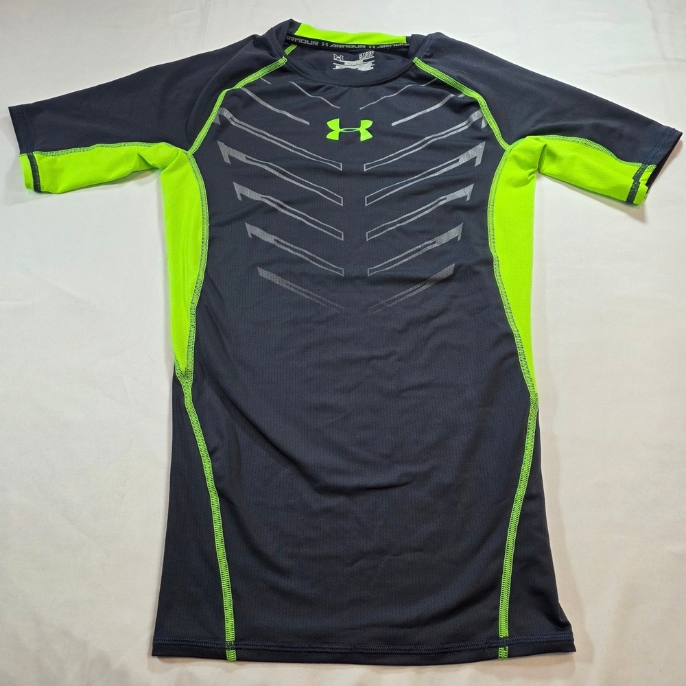 Under Armour Boys Compression Shirt Size S Small Gray Neon Green Short Sleeve